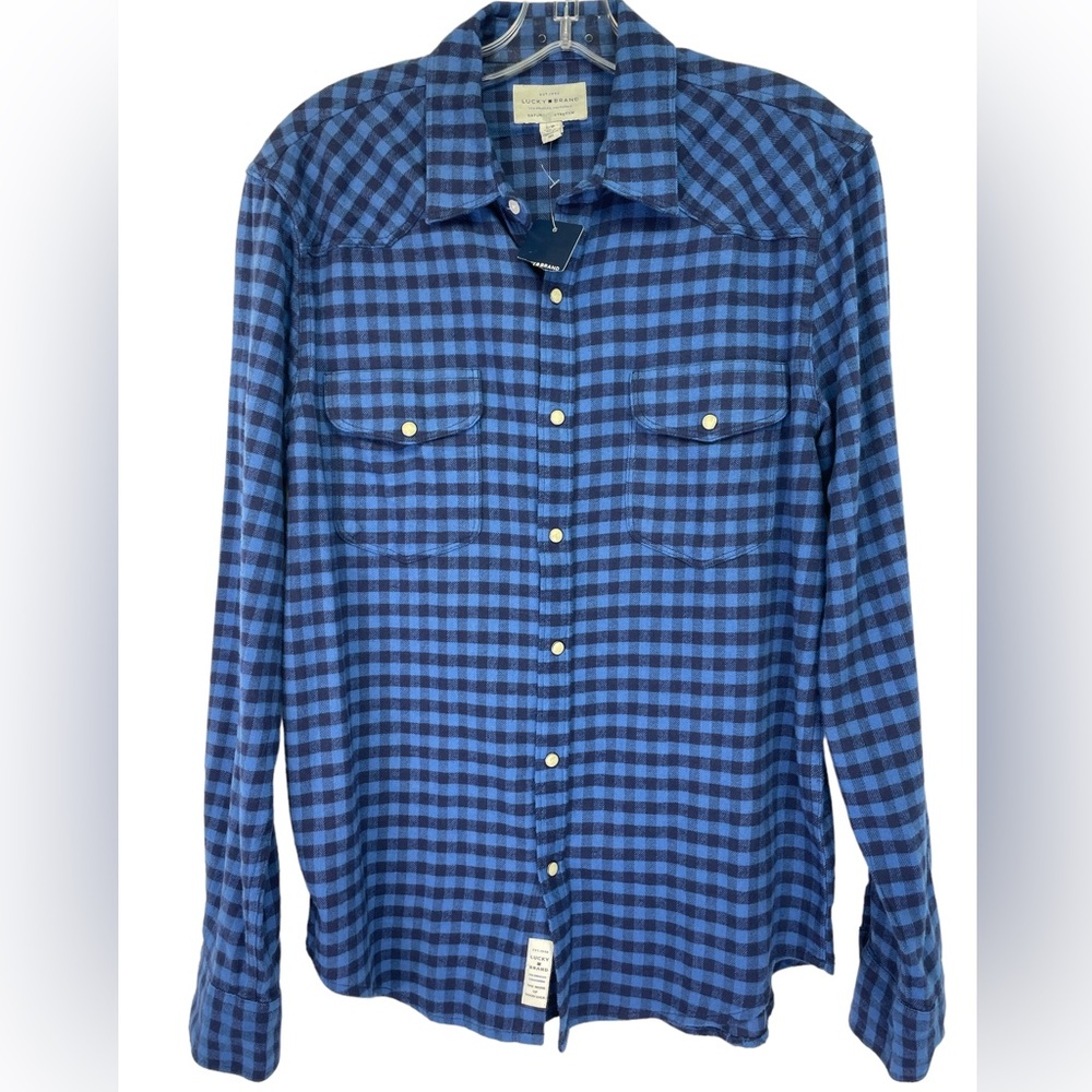 Lucky Brand Saturday Stretch Sz Small Blue Plaid Flannel Pearl Snap Shirt (BB18)